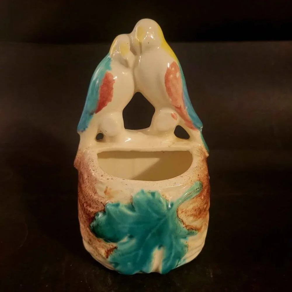 Two Lovebirds Or Parakeets Perched Together On A Tree Trunk Wall Pocket 1950's